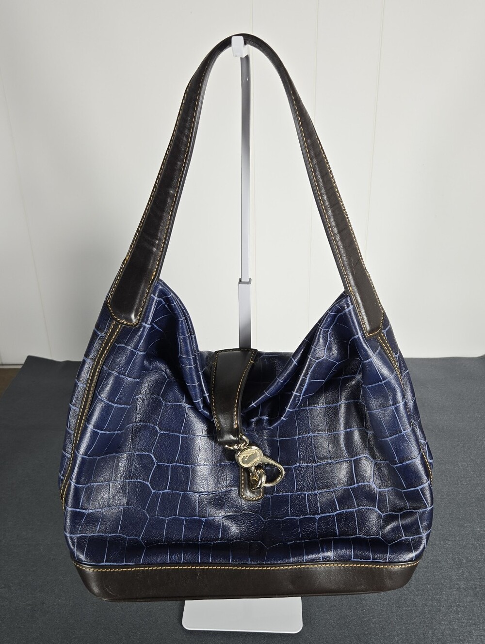 Dooney & Bourke Navy Croc-Embossed Shoulder Bag with Dark Brown Trim